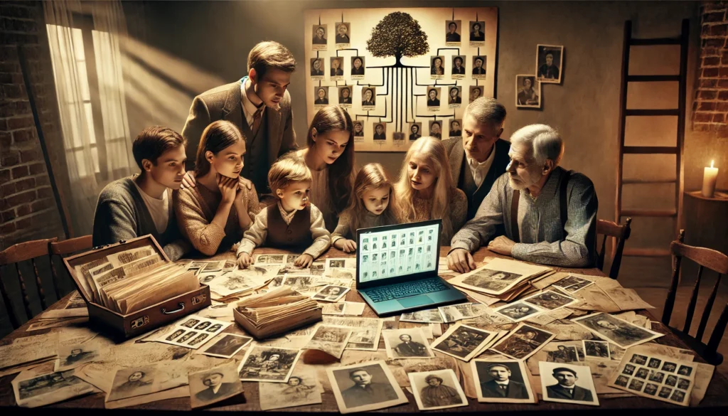 Família reunida em torno de uma mesa pesquisando a história genealógica com documentos antigos, fotografias e um laptop, em uma atmosfera acolhedora e nostálgica.