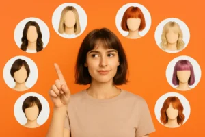 Mulher escolhendo novo estilo em um aplicativo para mudar o visual, cercada por opções de cortes e cores de cabelo em fundo colorido.