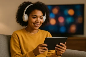 Mulher sorridente com fones de ouvido assistindo a filmes ou séries em um tablet, sentada em um sofá com uma TV ao fundo desfocada.