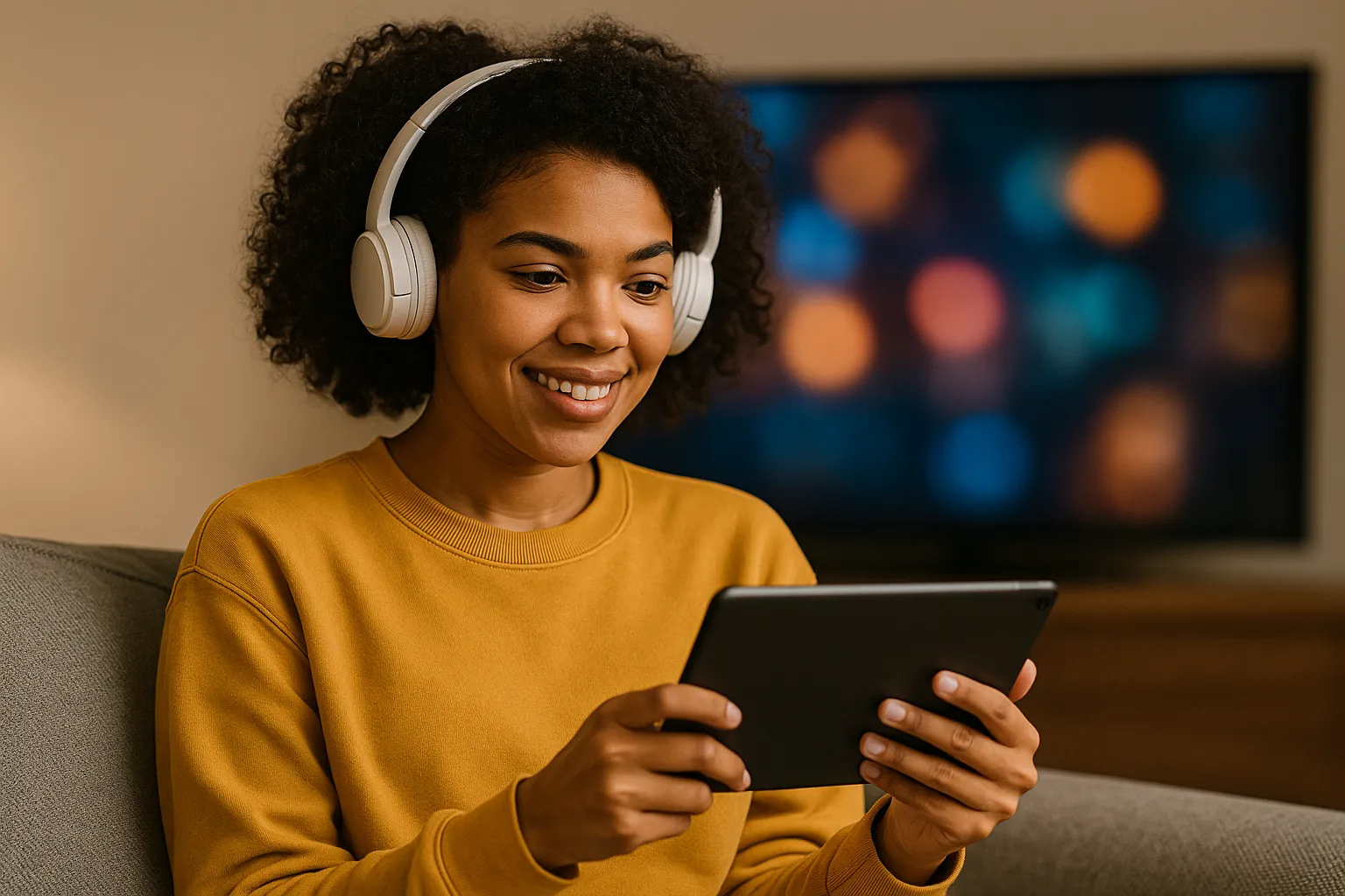 Mulher sorridente com fones de ouvido assistindo a filmes ou séries em um tablet, sentada em um sofá com uma TV ao fundo desfocada.