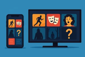 Tela de celular e de televisão mostrando apps de filmes e séries