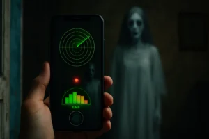 Celular exibindo apps que detectam fantasmas em ação, com figura espiritual ao fundo em um ambiente escuro e misterioso.