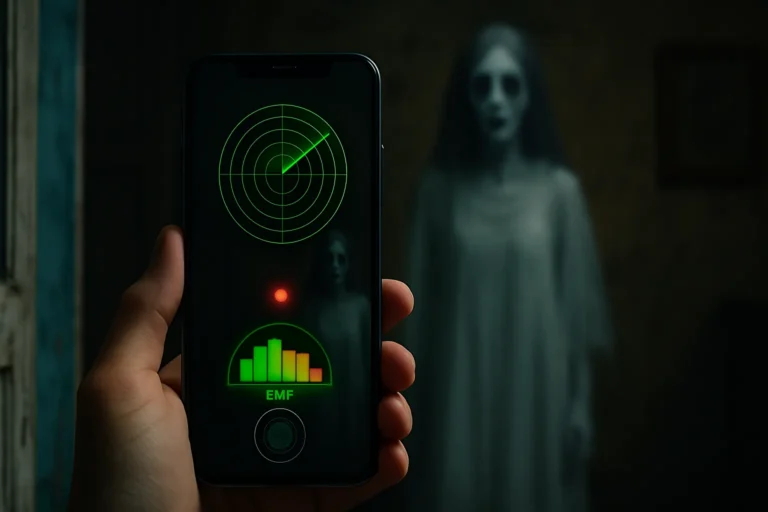 Celular exibindo apps que detectam fantasmas em ação, com figura espiritual ao fundo em um ambiente escuro e misterioso.