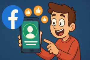 Ilustração divertida de um jovem animado usando um app para descobrir Quem Visitou Seu Perfil no Facebook, com ícones de curtidas ao redor.