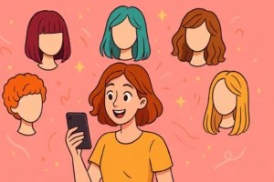 Mulher sorridente usando o celular enquanto testa visuais em um app que ajuda a escolher o melhor corte de cabelo, cercada por diferentes estilos de perucas coloridas flutuando ao redor dela.
