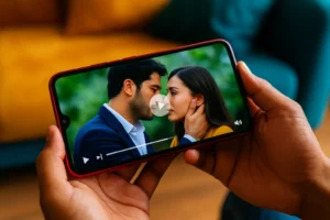 Pessoa segurando um smartphone assistindo uma cena romântica de uma novela turca, representando o uso de apps de novelas turcas para assistir dubladas e legendadas em qualquer lugar.