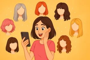 Ilustração de uma mulher usando um simulador de corte de cabelo grátis no celular, cercada por diferentes estilos e cores de cabelo em forma de perucas organizadas em arco ao redor dela.