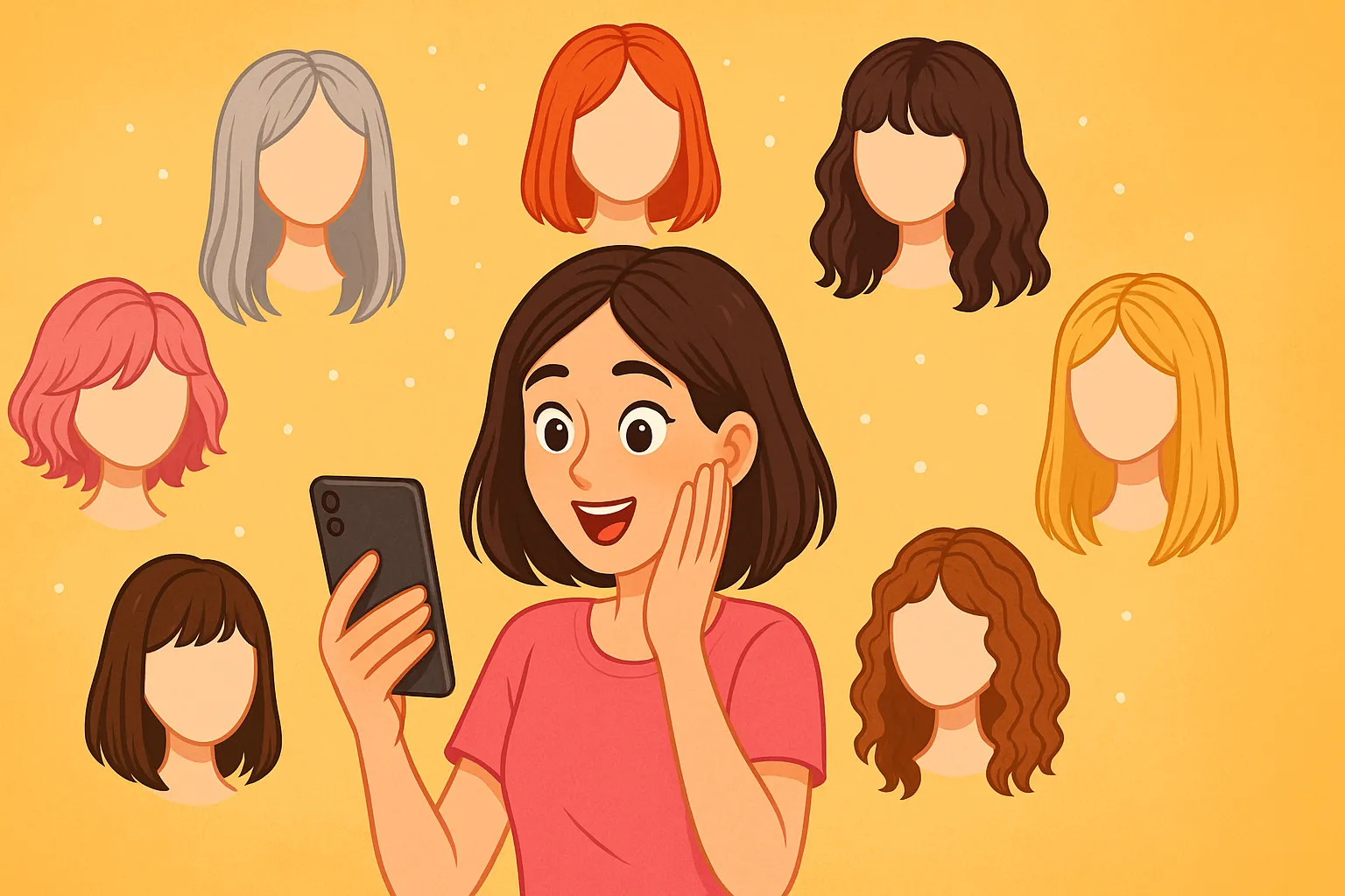 Ilustração de uma mulher usando um simulador de corte de cabelo grátis no celular, cercada por diferentes estilos e cores de cabelo em forma de perucas organizadas em arco ao redor dela.