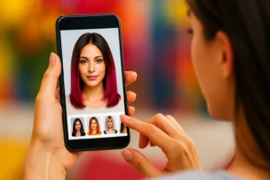 Aplicativo para escolher novo visual sendo usado em um celular, mostrando simulação realista de cortes e cores de cabelo com opções vibrantes