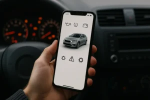 Aplicativos de mecânica: celular exibindo ícones de diagnóstico automotivo com carro em destaque na tela, dentro de um veículo moderno