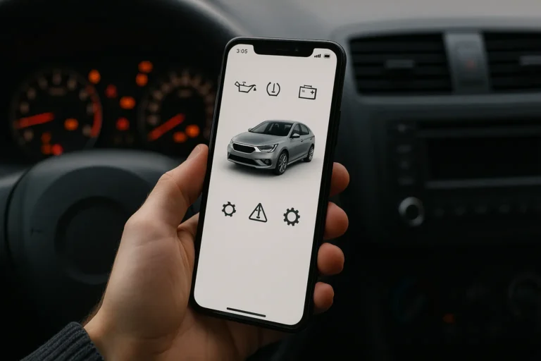 Aplicativos de mecânica: celular exibindo ícones de diagnóstico automotivo com carro em destaque na tela, dentro de um veículo moderno