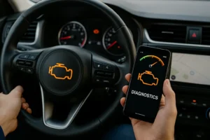 Foto de volante com alerta de motor aceso e celular exibindo aplicativo de diagnóstico automotivo. Representação de apps para controle de revisões.