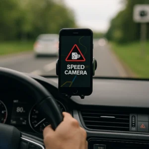 Motorista dirige com celular no painel mostrando alerta de radar, representando o uso de apps que detectam radares de velocidade.