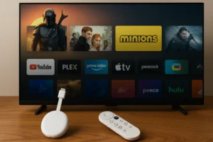 Como funciona o Google TV em uma sala moderna com mais de 800 canais disponíveis na tela