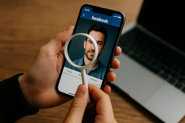 Pessoa segurando um celular com perfil do Facebook ampliado por lupa, representando espionando seu perfil no Facebook.