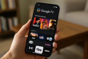 Pessoa segurando celular exibindo interface do aplicativo Google TV grátis para celular com filmes e canais ao vivo na tela.