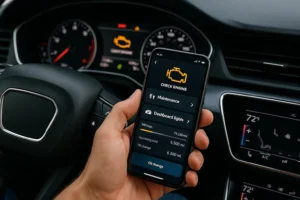 Motorista segurando um smartphone dentro do carro, exibindo aplicativo de manutenção com alerta “check engine” e informações de revisões, representando os melhores apps para seu carro.