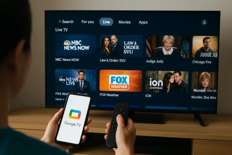 Pessoa assistindo TV ao vivo grátis no Google TV em uma tela grande, segurando smartphone com o aplicativo aberto e controle remoto, mostrando interface com diversos canais ao vivo.