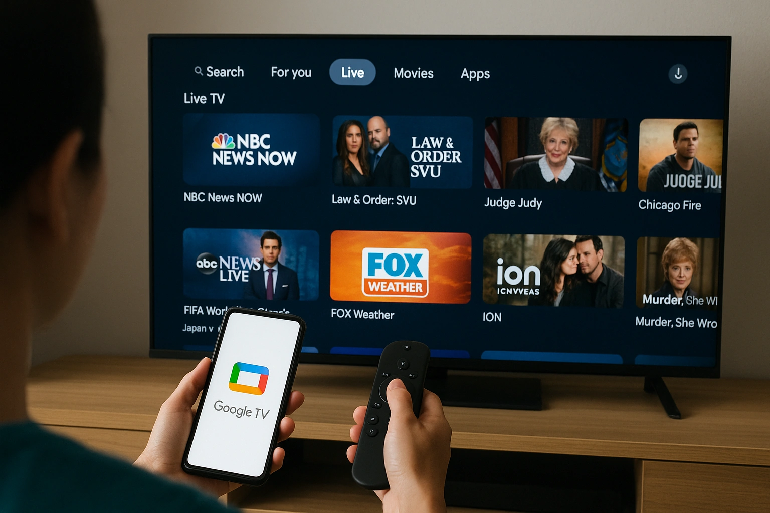 Pessoa assistindo TV ao vivo grátis no Google TV em uma tela grande, segurando smartphone com o aplicativo aberto e controle remoto, mostrando interface com diversos canais ao vivo.