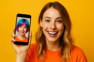 Jovem mulher com pele clara sorrindo e segurando um smartphone, exibindo uma simulação de corte de cabelo curto bicolor em turquesa e magenta, permitindo que ela teste novos cabelos de maneira divertida e prática.