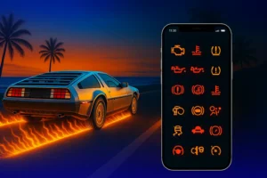 Carro futurista acelerando em estrada iluminada ao pôr do sol, com celular exibindo alertas de painel do veículo, representando aplicativos de mecânica grátis.