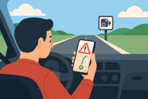 Ilustração de motorista usando aplicativo no celular para receber alerta de radar de velocidade na estrada, representando aplicativos que identificam radares.