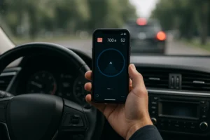 Motorista segurando celular com app que mostra radares escondidos, exibindo alerta de radar e velocidade, dentro de um carro em movimento.