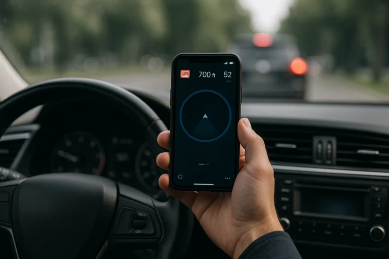 Motorista segurando celular com app que mostra radares escondidos, exibindo alerta de radar e velocidade, dentro de um carro em movimento.
