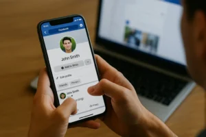 Pessoa segurando smartphone com perfil do Facebook aberto, representando o uso de apps que mostram visitas no Facebook.