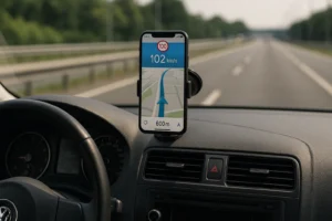 Imagem realista ilustrando o uso de apps de radares no painel do carro