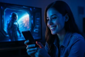 Mulher sorridente usando o celular enquanto assiste filme em TV futurista, representando apps para assistir filmes sem anúncios.