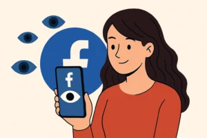 Ilustração de uma mulher olhando para o celular com o logo do Facebook e ícones de olhos ao fundo, representando quem espia seu perfil.