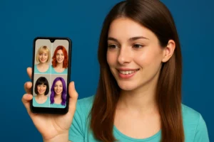 Mulher sorrindo segura o celular mostrando um simulador de cabelo grátis, com diferentes cores e cortes aplicados virtualmente