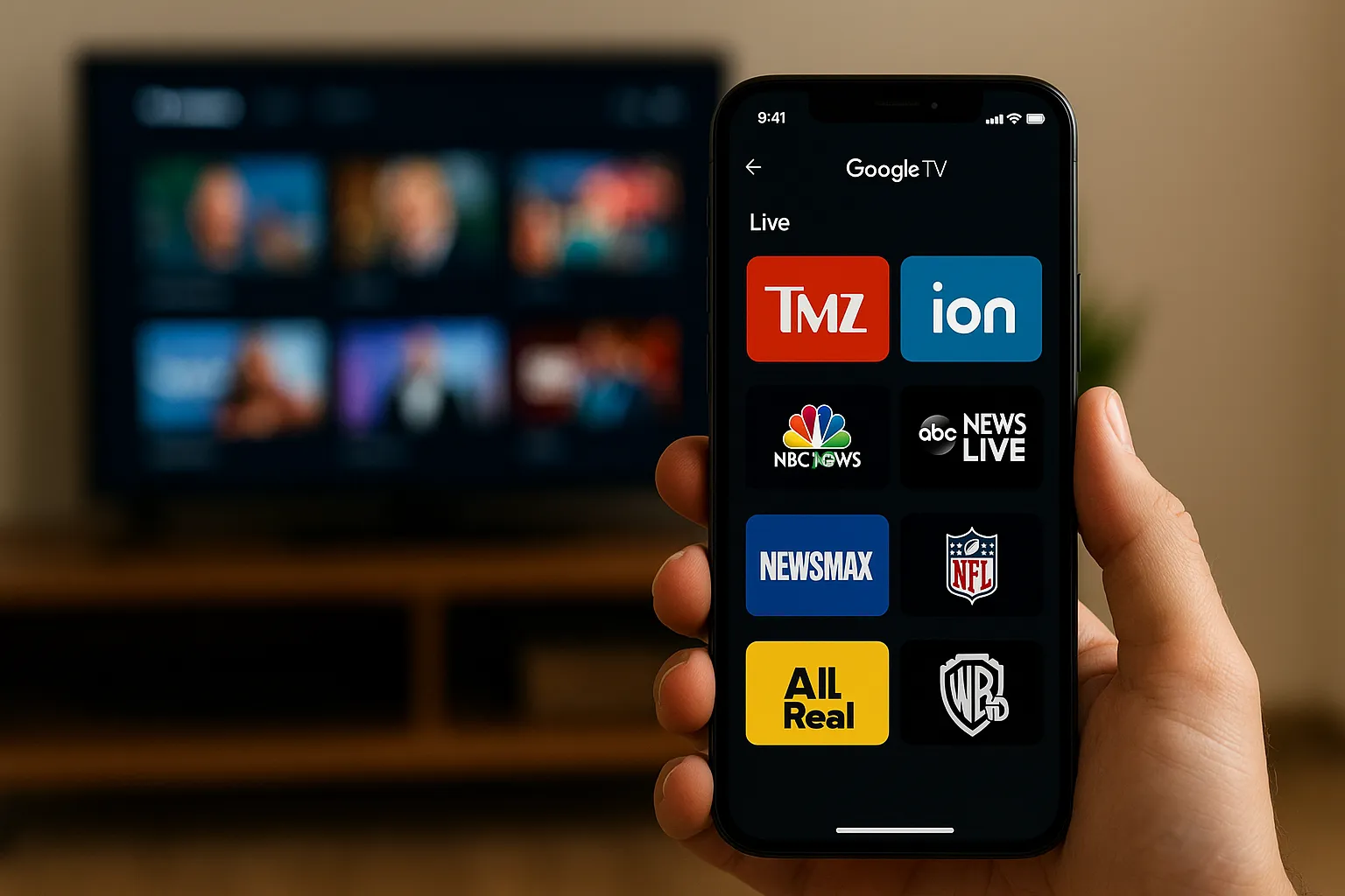 Pessoa segurando um smartphone exibindo o Google TV com 800 canais liberados, enquanto uma TV aparece ao fundo na sala.