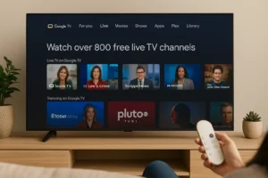 Tela de uma TV exibindo o Aplicativo Google TV com mais de 800 canais grátis em um ambiente de sala de estar moderna