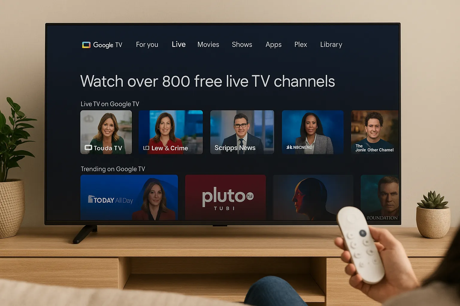 Tela de uma TV exibindo o Aplicativo Google TV com mais de 800 canais grátis em um ambiente de sala de estar moderna