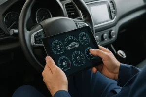 Pessoa usando um tablet conectado ao carro via OBD2, mostrando gráficos e diagnósticos automotivos, ilustrando um app de mecânica grátis.