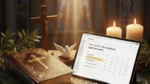 Pessoa ajoelhada em oração diante de uma mesa com uma Bíblia tradicional, um tablet mostrando versículos bíblicos, crucifixo, terço, velas acesas e uma pomba branca, com feixe de luz divina iluminando a cena dentro de uma igreja com vitrais coloridos.