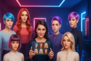 Mulher testando cortes e cores em Apps de cabelos novos, visualizando estilos modernos e coloridos em simulação digital realista.