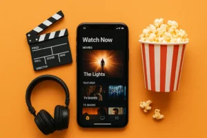 Smartphone exibindo app de streaming com filmes e séries, ao lado de balde de pipoca, fones de ouvido e claquete sobre fundo laranja