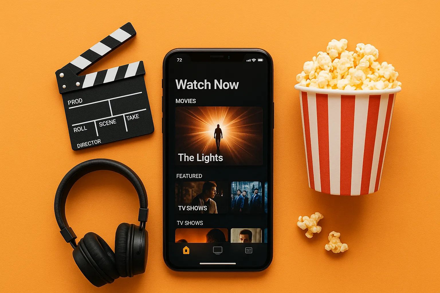 Smartphone exibindo app de streaming com filmes e séries, ao lado de balde de pipoca, fones de ouvido e claquete sobre fundo laranja