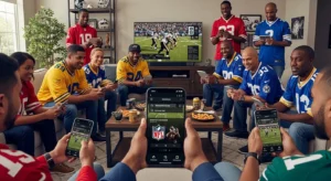 Torcedores usando apps para assistir NFL no celular enquanto acompanham o jogo ao vivo na TV em grupo