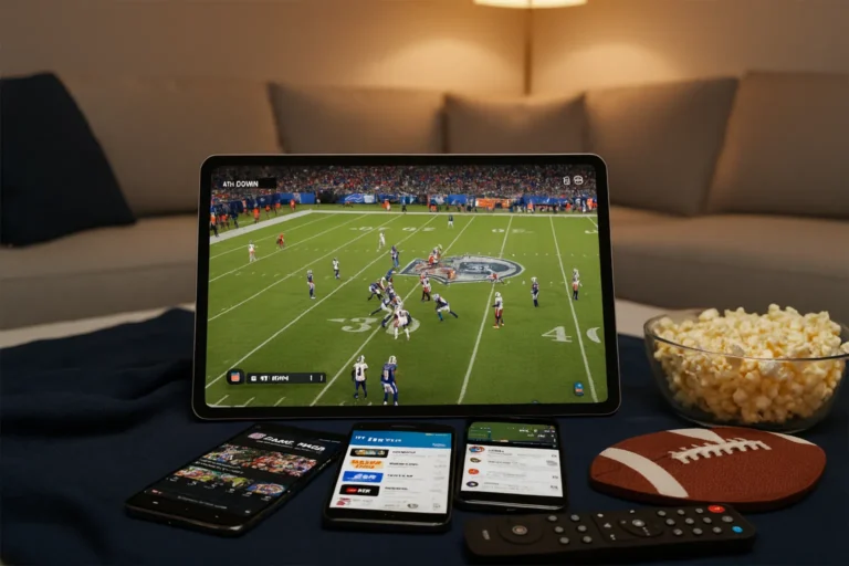 Transmissão de jogo da NFL em um tablet no formato 16:9, com três celulares exibindo aplicativos de streaming ao redor, tigela de pipoca, controle remoto e mini bola de futebol americano sobre a mesa em uma sala de estar aconchegante.