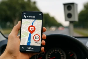 Evite multas com esses apps — motorista segura um celular com aplicativo de navegação mostrando alerta de radar de velocidade, enquanto um radar real aparece na estrada à frente.