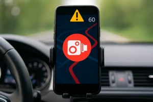 Celular preso no painel de um carro exibindo aplicativo de navegação com alerta de radar de velocidade na tela.