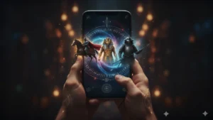App de vidas passadas mostrando em celular figuras históricas como faraó, cavaleiro e samurai surgindo em aura mística.