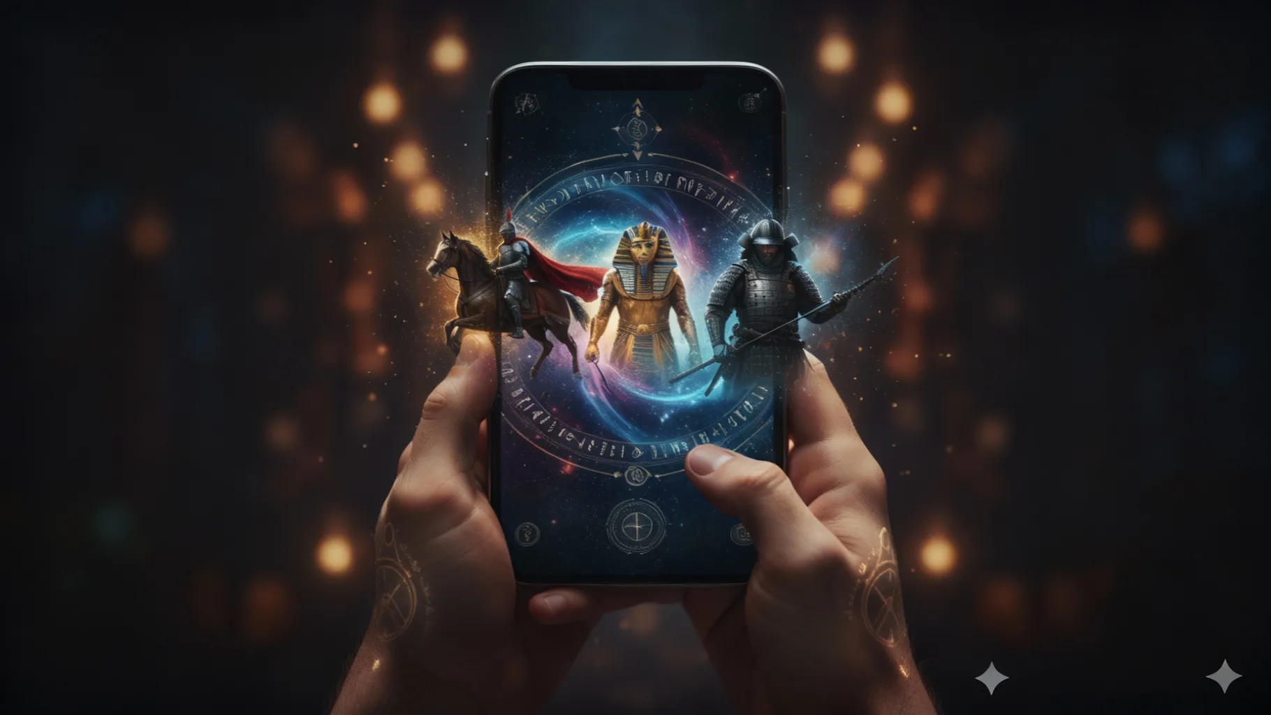 App de vidas passadas mostrando em celular figuras históricas como faraó, cavaleiro e samurai surgindo em aura mística.