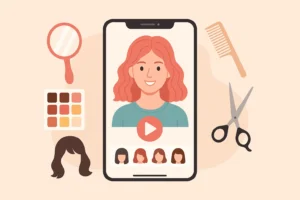 Ilustração digital mostrando um celular com app de simulação de cabelo exibindo diferentes cortes e cores, destacando a ideia de simule novos visuais no estilo moderno e divertido.