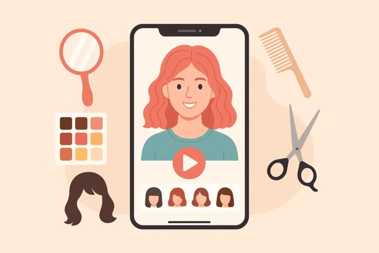 Ilustração digital mostrando um celular com app de simulação de cabelo exibindo diferentes cortes e cores, destacando a ideia de simule novos visuais no estilo moderno e divertido.