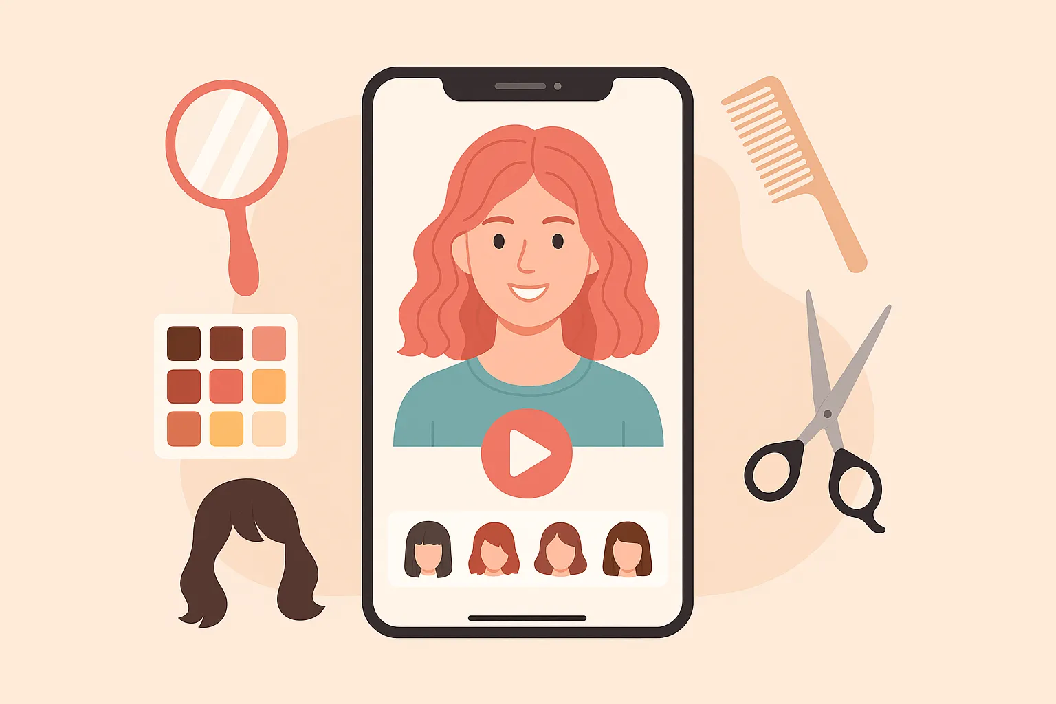 Ilustração digital mostrando um celular com app de simulação de cabelo exibindo diferentes cortes e cores, destacando a ideia de simule novos visuais no estilo moderno e divertido.